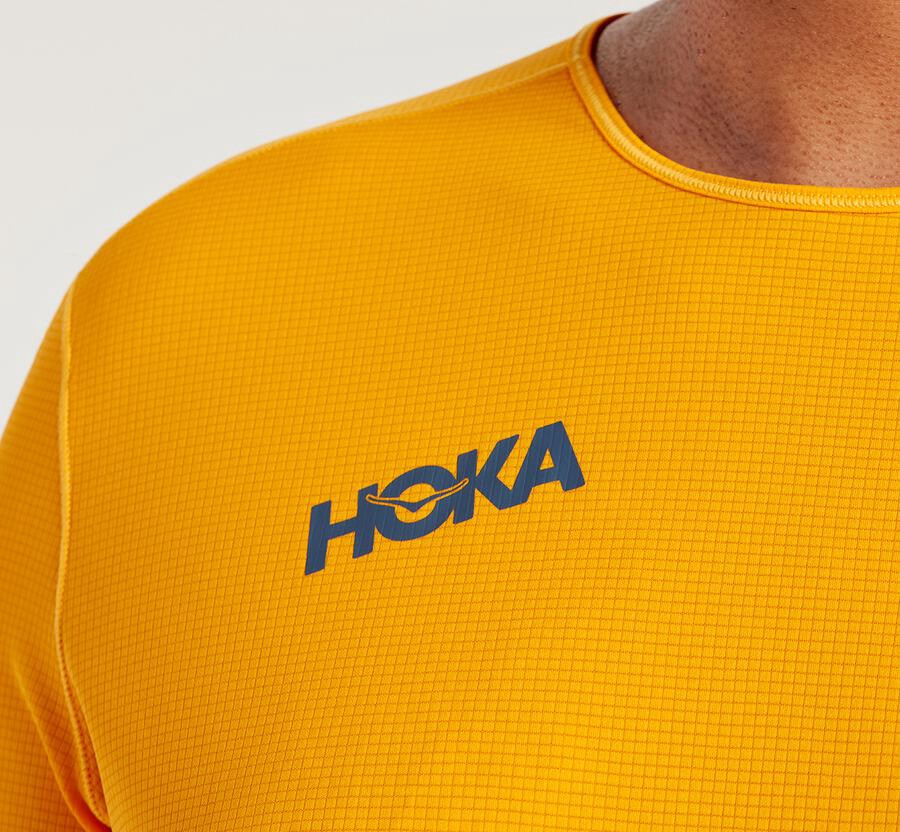 Hoka Australia One One Performance 3/4 Sleeve - Mens Tops Yellow - TDWXB-4058